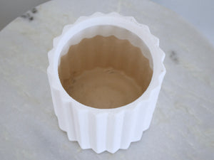 white cachepot with scalloped edges